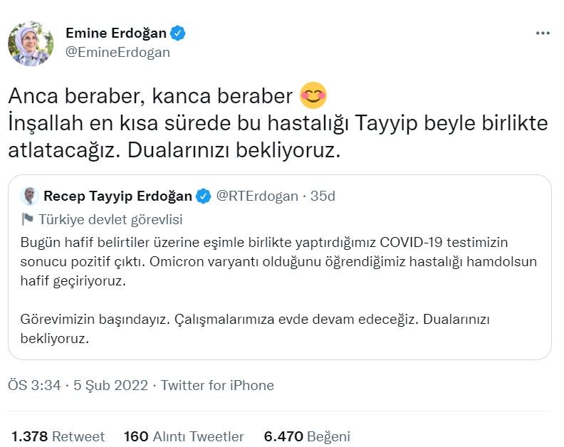 Emine Erdoğan: “İnşallah en kısa sürede bu hastalığı Tayyip Bey’le birlikte atlatacağız”